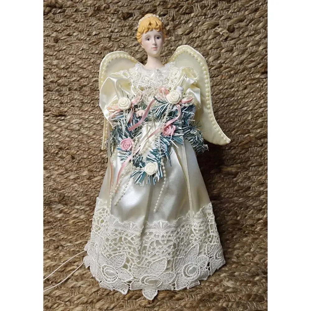 Vintage Traditions Lighted Angel Christmas Tree Topper Satin Gown Roses Beaded